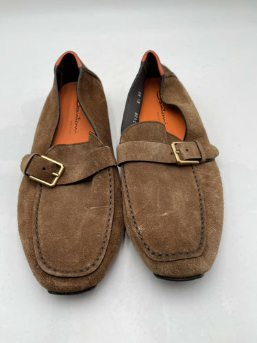 Men’s Santoni apron-toe Brown Suede loafers buckled strap Size 8.5 US