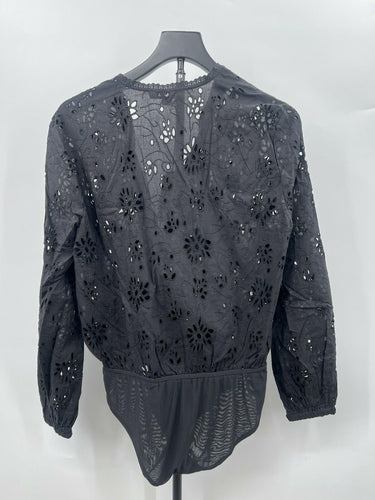 AllSaints Amara Broderie Bodysuit Black V-Neck Wrap Womens Whimsygoth Size 10