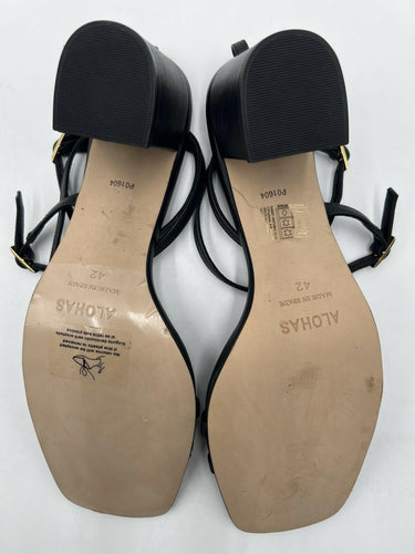 ALOHAS Black Strappy Block Heel Sandals Square Toe Leather Gold Buckle Womens 42 Alohas