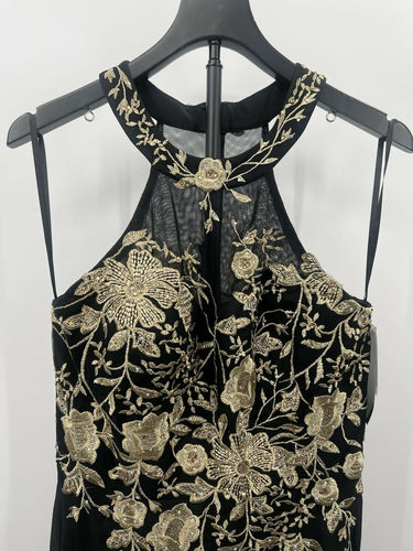 NWT Black Gold Embroidered Floral Halter Evening Gown Dress 10