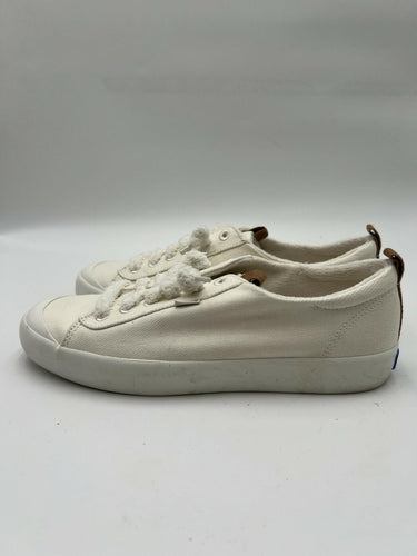 Keds Kickback Canvas Sneakers White Fuzzy Laces Pull Tabs Womens Size 8