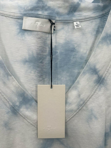 7 For All Mankind T-Shirt Blue White Tie Dye V-Neck Oversized Boxy NWT S