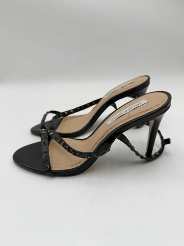 Women’s Saks Fifth Avenue Black Leather strappy heels rhinestone Size 8M