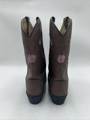 Shyanne Floral Embroidered Brown Leather Snip Toe Pull On Western Boots Girl 6D