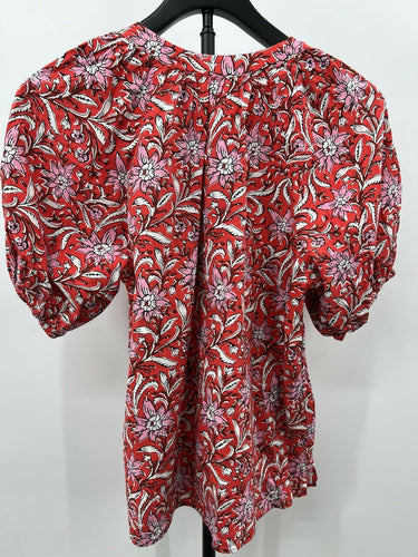 LOFT Blouse Womens Red Pink Floral Puff Sleeve Tie Neck Boho Top S Small Loft