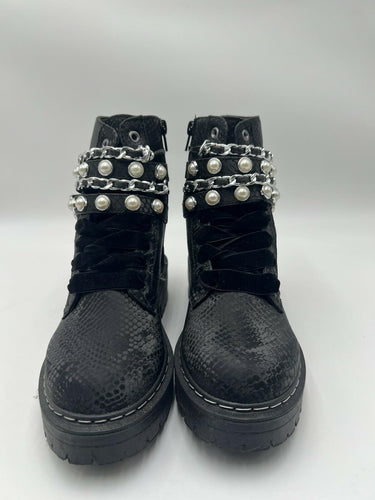 Sugar Kade Black Snake Emboss Pearl Chain Combat Boots Womens 10 Sugar