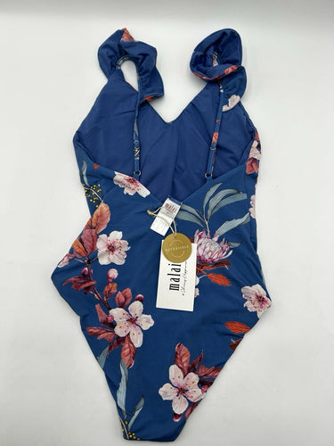Malai Woman’s reversible Blue Floral swimsuit Ruffle Neck Size M
