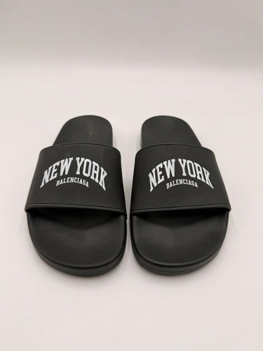 Women’s Balenciaga Cities New York Pool Slides Black Rubber Size 39