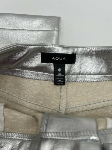 AQUA Silver Metallic Faux Leather Pants Womens Straight Leg High Shine NWT 28 Aqua
