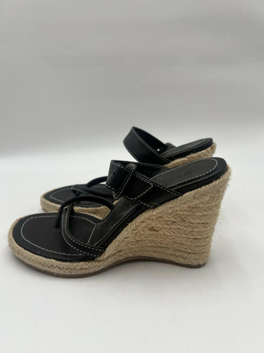 Marion Parke Black Leather Espadrille Wedge Thong Sandals Size 40 / 9
