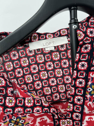 LOFT Blouse Womens Mixed Print Peasant Top Split Neck Red Navy Boho Tunic M Split