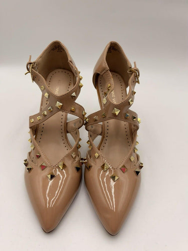 Adrienne Vittadini AVI Navi Nude Patent Studded T Strap Heels Womens Size 8.5