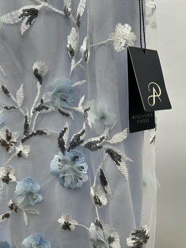 Adrianna Papell Embroidered Bell Sleeve Dress Sheer Mesh Blue Silver Floral 4