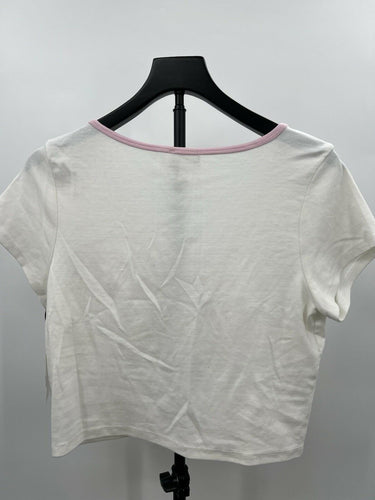 Abound Top Ivory Pink Trim Surplice Wrap Cropped T-Shirt Baby Tee L Abound