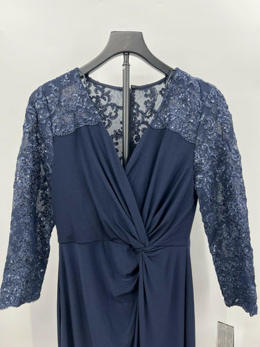 Alex Evenings Long Dress Navy Sequin Lace Surplice Twist Formal Gown 6 Alex Evenings