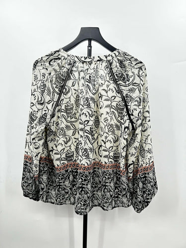 Lovestitch long-sleeve blouse Black/ White Floral Pattern Dusty Rose Border  S Lovestitch
