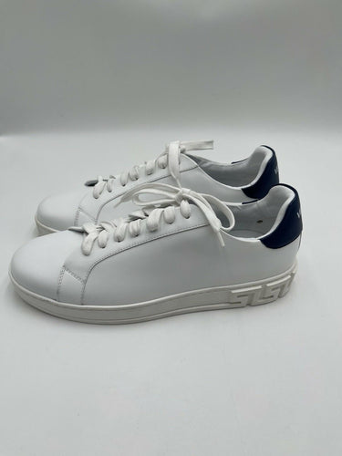 Versace Men's Embossed White & Blue Leather Low Top Sneakers Shoes Size 43 Versace