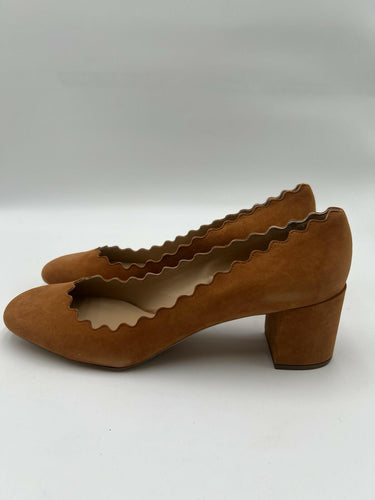 Chloe Lauren 50MM Scalloped Ballerina Suede Pumps Ochre Womens Size 41