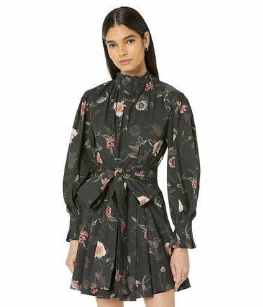 AllSaints Luna Kaneshon Floral Pleat Long Sleeve Mock Neck Dress Black, Size 4