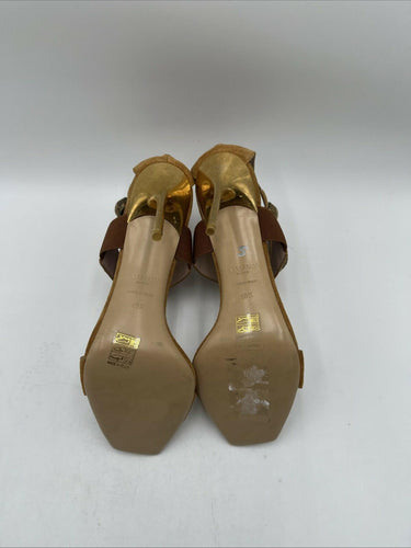Balmain Women's Square Toe Emblem Studded Crossover Strap High Heels Brown 40.5