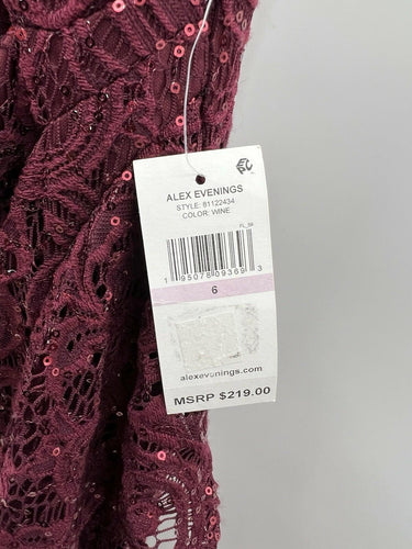 Alex Evenings Lace Sequin Evening Gown Maxi Ruched Ruffle Wine Burgundy SIZE 6 Alex Evenings