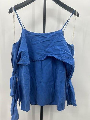 Halston Heritage Top Blue Cold Shoulder Tie Sleeve Pom Pom Cami L Halston Heritage