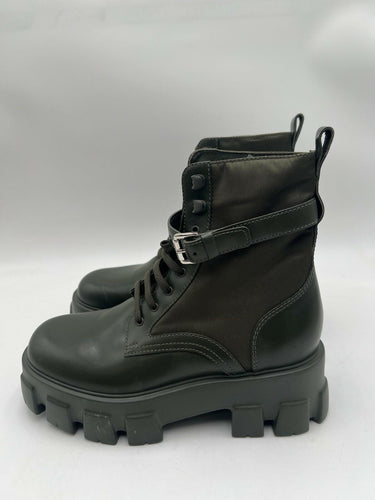 Prada Monolith Brushed Leather and Re-Nylon boots in olive green Size 38.5 PRADA