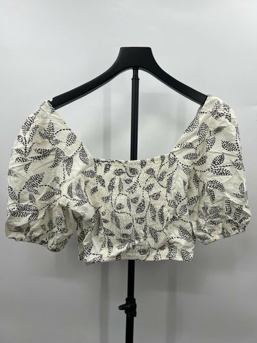 Puff Sleeve Crop Top Sand Dotted Leaf Print Smocked Back Square Neck S Z-supply