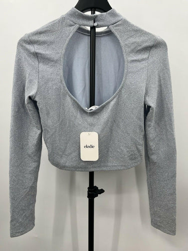Elodie Womens Silver Glitter Crop Top Mock Neck Open Back NWT - L