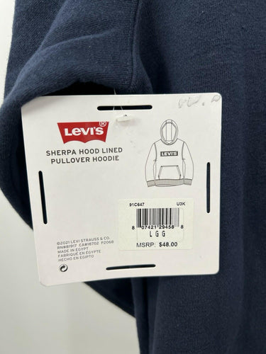 Levis Sherpa Hood Lined Pullover Hoodie Navy Box Logo Kangaroo NWT Boys Size L Levi's