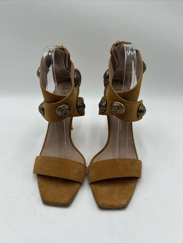 Balmain Women's Square Toe Emblem Studded Crossover Strap High Heels Brown 40.5