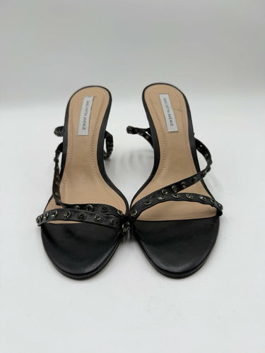 Women’s Saks Fifth Avenue Black Leather strappy heels rhinestone Size 8M