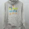 A light heather gray pullover hoodie displayed on a mannequin torso against a plain light gray background. The front of the hoodie features a colorful graphic print that reads 'think GLOBALLY and LOCALLY' with a sun, clouds, and peace sign.
