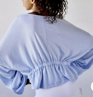 NWT FP FREE PEOPLE Movement Good To Go Sweat Aurora Blue Top Ruffle Back Size M