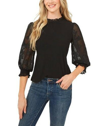CeCe Ruffle-Sleeve Mixed Media Top Size L Cece
