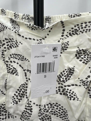 Puff Sleeve Crop Top Sand Dotted Leaf Print Smocked Back Square Neck S Z-supply