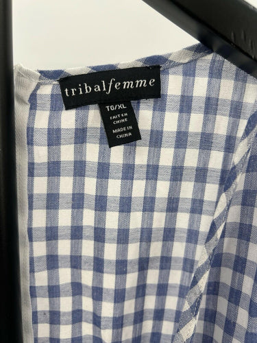 Tribal Femme Dress Blue White Gingham Check Wrap Front Sleeveless Midi  XL