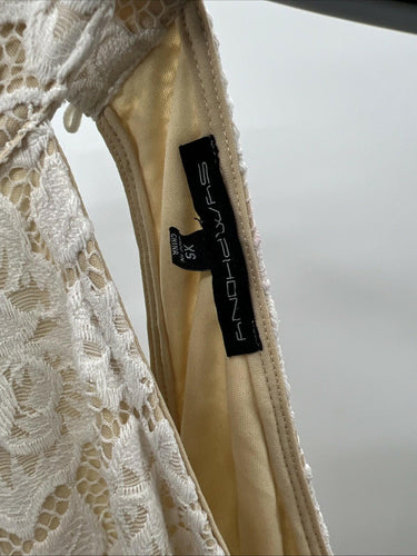 Symphony Long Ivory  Dress with Lace Detail, Keyhole Back, and Sheer Bottom XS