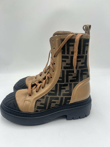 Fendi Wmns FF Motif Domino Biker Boot Brown Leather FF jacquard fabric Size 37.5