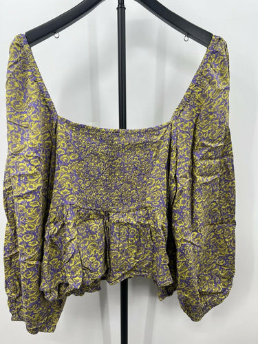 ABOUND Top Purple Yellow Paisley Smocked Babydoll Puff Sleeve Boho -L