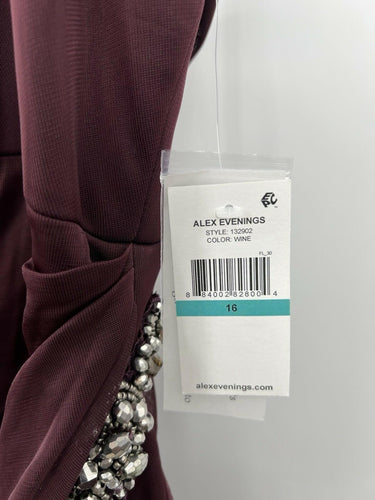 Alex Evenings Dress Wine Burgundy Draped Beaded Cold Shoulder Gown 16 Alex Evenings