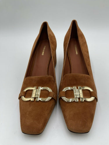 Ferragamo Women's Mirelle Block Heel Pumps Brown Suede Size 8