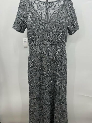 Alex Evenings Sequin Lace Evening Gown Short Sleeve Gunmetal Silver Maxi SIZE 6 Alex Evenings