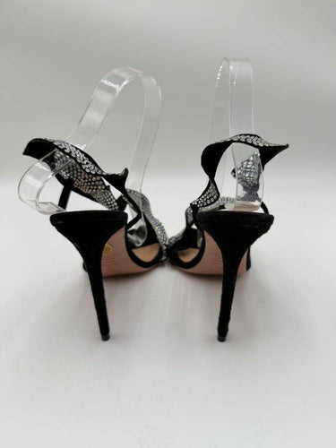 Aquazzura Black Suede Crystal Embellished Open Toe Ruffle Slingback Sandals, 37