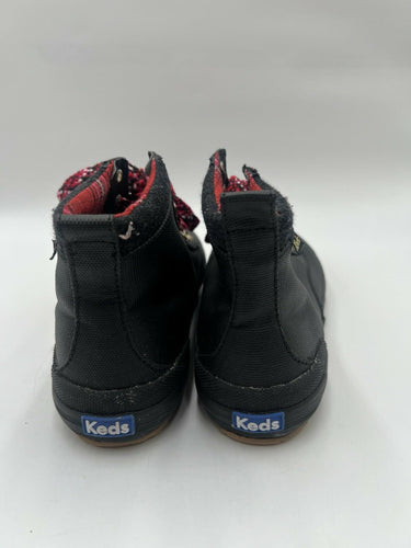Keds Black Coated Canvas Hiker Ankle Boots Plaid Lining Red Laces Size 10