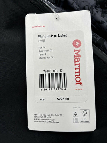 NWT Marmot Women’s Full Zip Hudson Jacket Black Size S Marmot