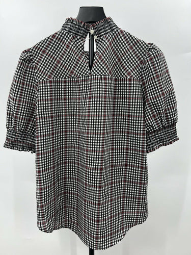 LOFT Blouse Womens Black White Gingham Check Smocked Puff Sleeve Top S Loft