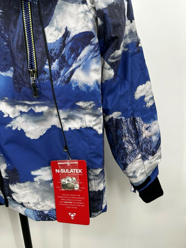Noize Boys Blue and White Puffer Jacket Hood Mountain Cloud Print Size S
