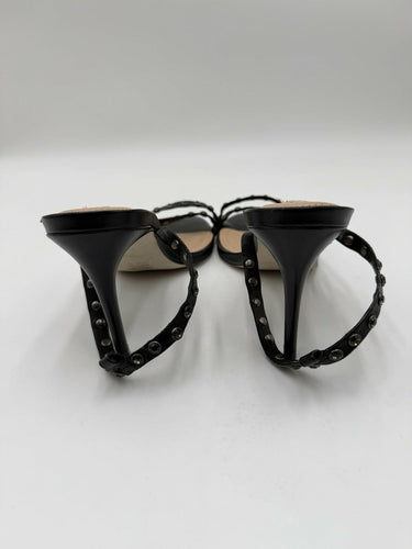 Women’s Saks Fifth Avenue Black Leather strappy heels rhinestone Size 8M