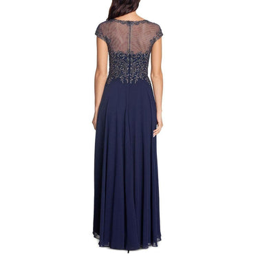 Xscape Long Chiffon with Embroidered/Beaded Top Navy/Gunmetal 16